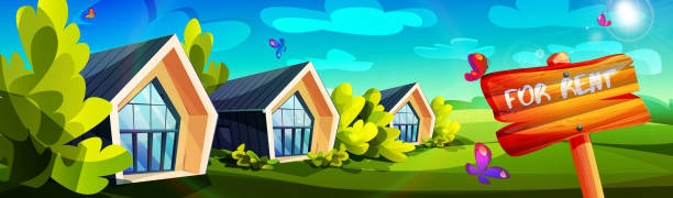 ilustrações de stock, clip art, desenhos animados e ícones de creative illustration of suburban summer vacation for a real estate agency in cartoon style. sunny summer landscape with country houses for rent against the backdrop of lush greenery. - for rent sign house sign happiness