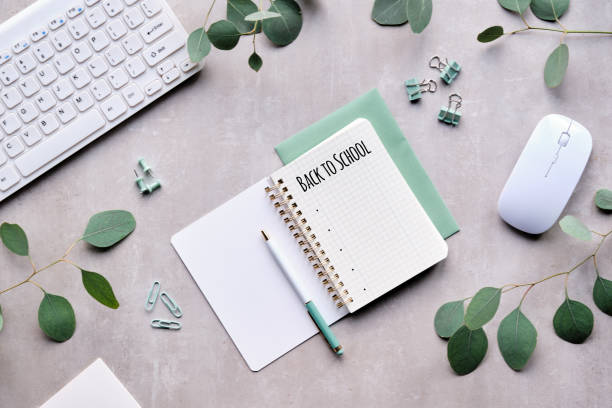 istock Back to school overhead shot. Eucalyptus twigs, keyboard, computer mouse and stationary on neutral beige, pale yellow stone tabletop. Flat lay, top view overhead. 1460004088