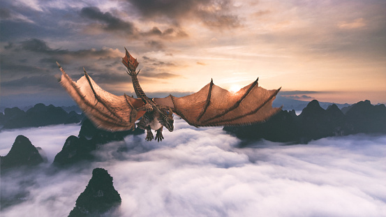 Dragon flying over rolling clouds at sunrise  towards the camera