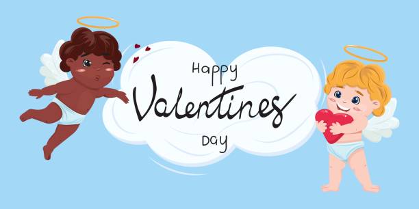 Black and white flying cupids wishing Happy Valentines Day. Two cupids next to the cloud. Two beautiful cupids. Black and white cupids next to the cloud. Happy Valentines Day illustration. who is my guardian angel by birthday stock illustrations
