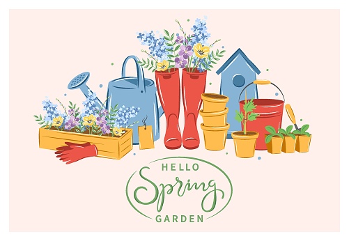 Hello spring garden text. Gardening, growing plants, agricultural tools. Vector illustration for poster, banner and advertisement
