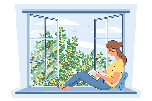 Woman reading book and sitting at the spring window. Spring vector illustration for  bookshop, library, bookstore or education.