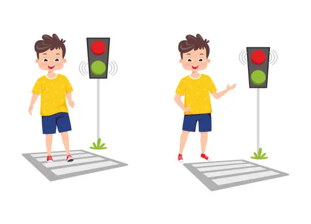 Vector illustration of Traffic road education. Little Kid learning safety crossroad walking traffic lights and signs.