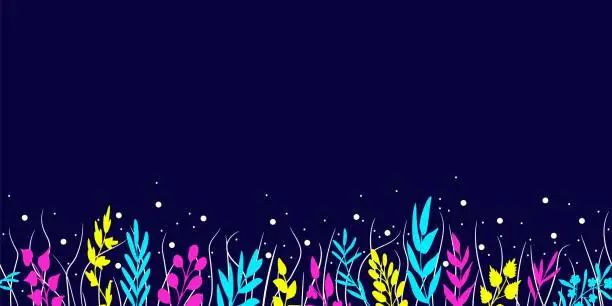 Vector illustration of Bright herbs and grass, stars, seamless border