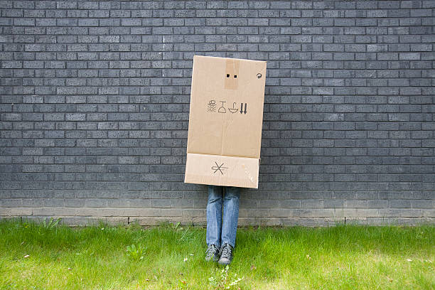 istock boy standing against a wall with cardboard box over head 146000937