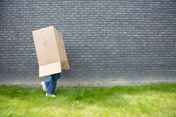 girl running away with a cardboard box over her head