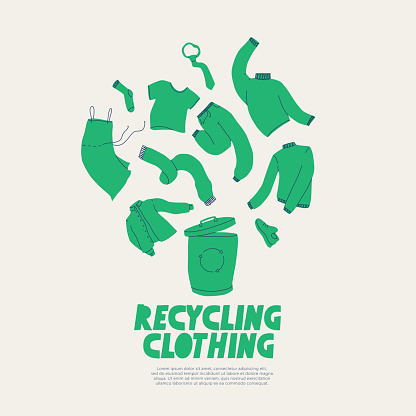 Clothing recycling. A poster calling for the recycling of clothing, footwear and textiles. Vector trend flat illustration.