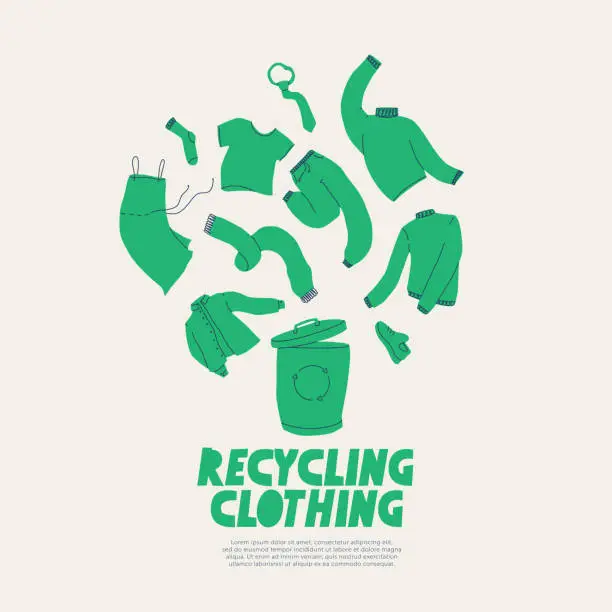 Vector illustration of Clothing recycling. A poster calling for the recycling of clothing, footwear and textiles. Vector trend flat illustration.