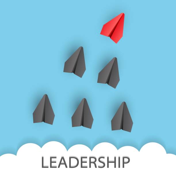 Leadership concept. Unique red leader paper plane lead other with word LEADERSHIP vector art illustration