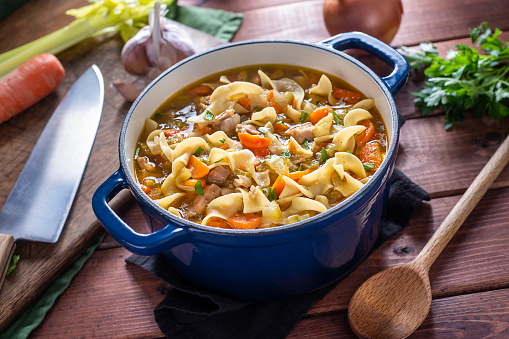 Homemade Chicken Noodle Soup in a Dutch Oven