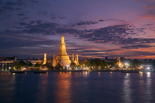 Bangkok cityscape with Chao Phraya River and Wat Arun at beautiful twilight, Thailand.