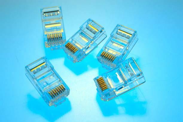 Close-up view of an Ethernet port on a device. The connectors and internal structure of the port are visible