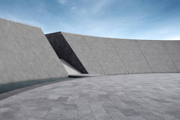 istock Empty curved concrete floor with water canal. 1460025573
