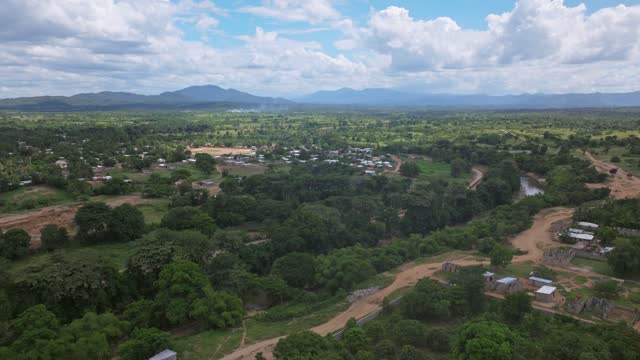 Aerial flyover rural landscape in Dajabon between Haiti and Dominican Republic border