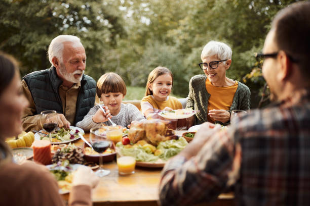 famille multigénérationnelle heureuse déjeunant dans la nature. - family outdoors child bonding photos et images de collection