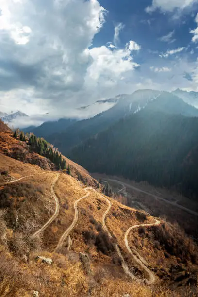 Photo of Road serpentines in popular hiking trail The Old Japanese Trail in the Great Almaty Gorge, Kazakhstan nature landscape