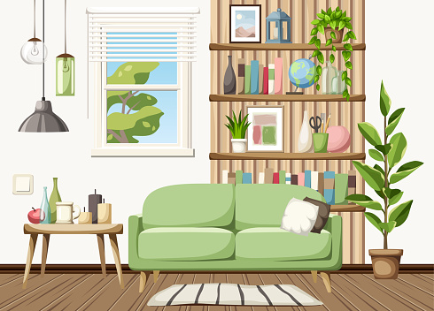 Living room interior with a green sofa, wooden slats with shelves, a window, pendant light, and houseplants. Cozy room interior design. Cartoon vector illustration