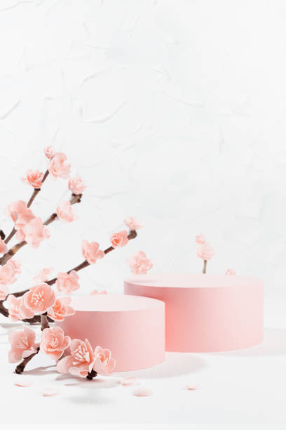 istock Pink sakura flowers on branch with two cylinder podiums mockup in soft light, white interior on table in floral spring style for presentation cosmetic products, goods, branding, copy space, vertical. 1460031828