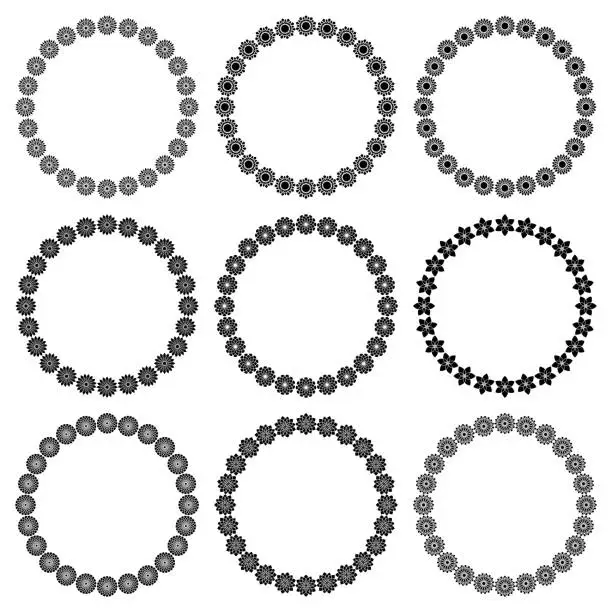 Vector illustration of Vector set of round frames with floral ornament