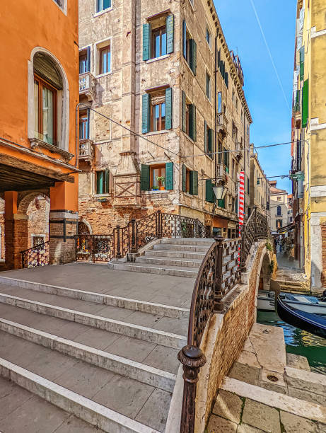 Photo of a steps leading to a bridge crossing over a canal in Venice, Italy, with surrounding architecture