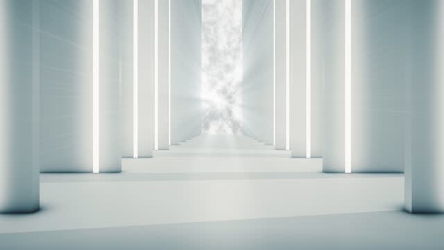 Flying through the futuristic tunnel. (Loopable) Abstract 3D animation in slow motion. The concept of illuminated corridor, interior design, spaceship, science, technology, science, architecture, industry, red carpet, shiny, indoor, station, clean,