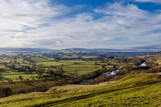 View of the winding River Tees and the beautiful countryside in Teesdale in winter