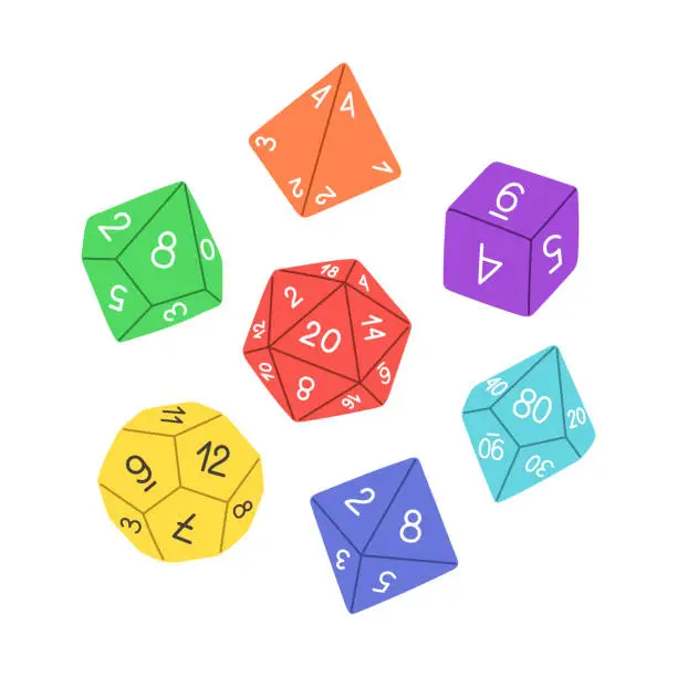 Vector illustration of D4 D6 D8 D10 D12 and D20 Dice for Board games, dnd dices set. RPG dice for table game. Vector illustration