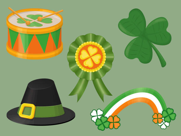 ilustrações de stock, clip art, desenhos animados e ícones de a set for saint patricks day includes holiday drum, three-leafed clover, black hat, rainbow and badge - saint patricks banner green beer patrick leprechaun hat