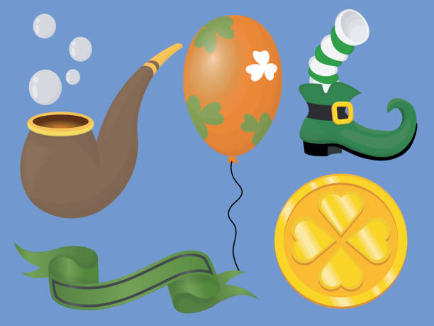 ilustrações, clipart, desenhos animados e ícones de um conjunto para o dia de são patrício inclui cachimbo de fumaça, balão de férias, bota com meia, moeda de ouro e fita - saint patricks banner green beer patrick leprechaun hat