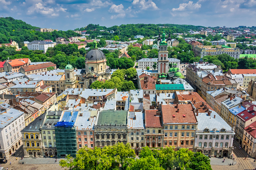 Aerial view of Old Town, Downtown Lviv, Ukraine on a sunny day. Old Town Lviv is a UNESCO World Heritage Site.