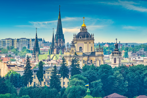 Skyline of Lviv, Ukraine with St. George's Cathedral and Church of Saints Olga and Elizabeth.