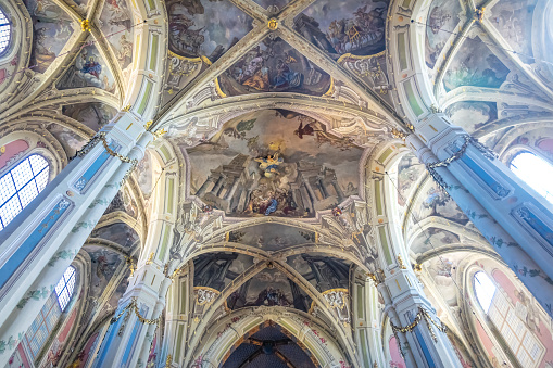 Ceiling and pillars inside the Cathedral Basilica of the Assumption simply known as the Latin Cathedral in downtown Lviv, Ukraine. It is part of Lviv's Old Town, a UNESCO World Heritage Site.