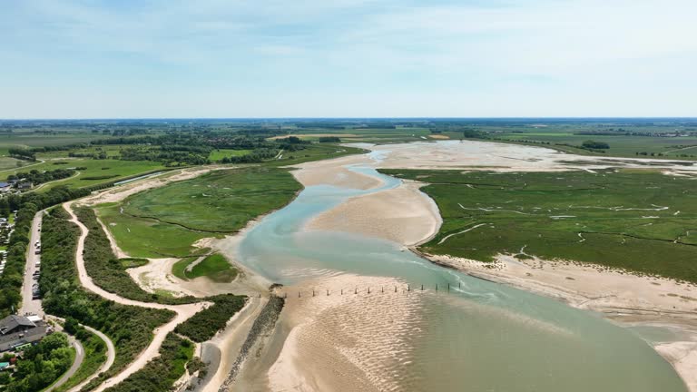 Lake and river flowing through green polder landscape at Netherlands and Belgium border, Het Zwin nature reserve