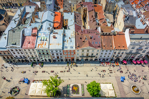 Aerial view of Market Square (Rynok Square) in downtown Lviv, Ukraine. It is part of Lviv's Old Town, a UNESCO World Heritage Site.