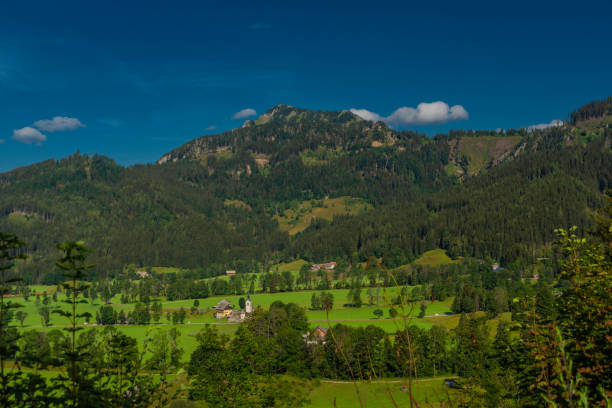 View from lookout point over Jezersko village for summer fresh mountains stock photo