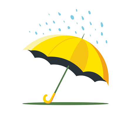 a yellow lonely umbrella lies on the ground and it is raining from the sky. flat vector illustration.