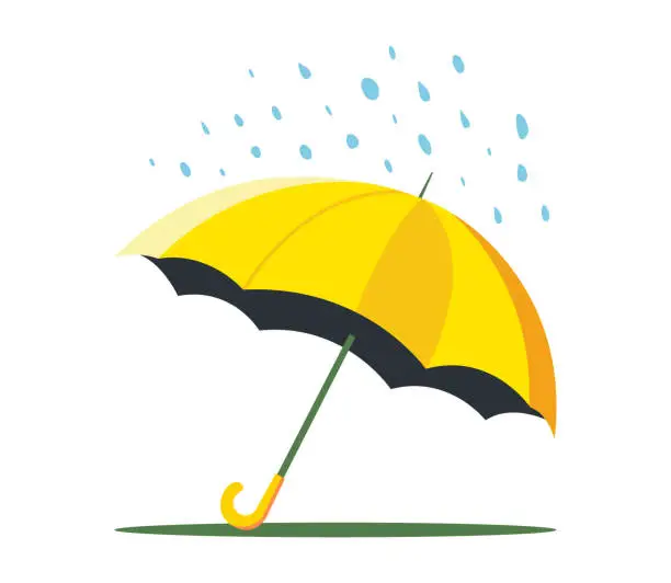 Vector illustration of a yellow lonely umbrella lies on the ground and it is raining from the sky. flat vector illustration.