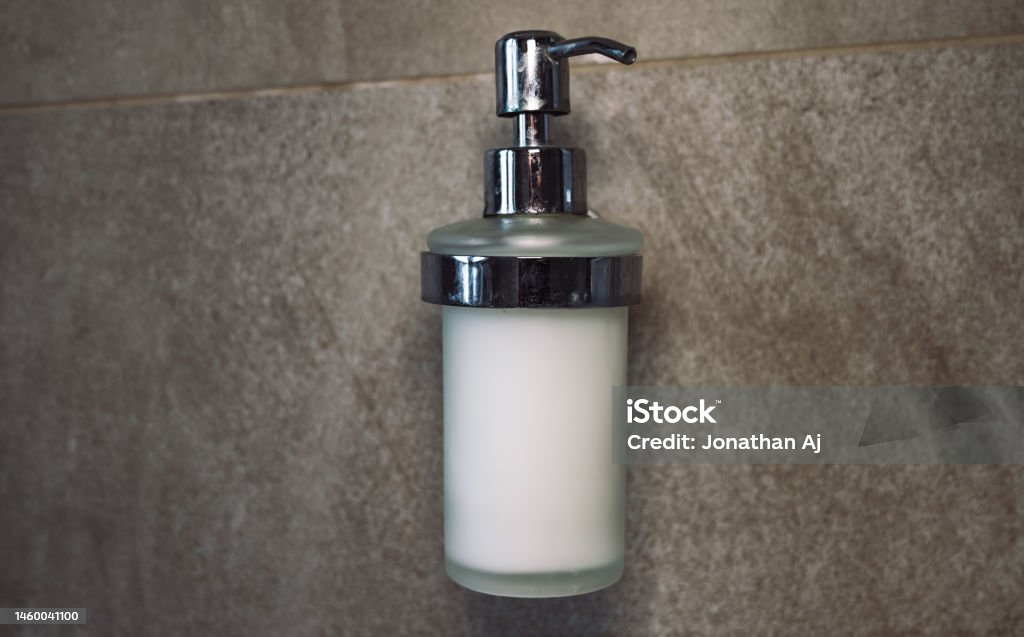 Push Icon Soap Liquid Soap Isolated On Bathroom Wall Pushbutton Liquid Soap Close Up ...