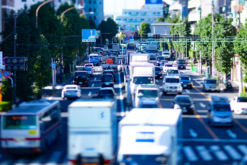 A traffic jam at the crossing in Tokyo. High quality photo. Setagaya district Tokyo Japan 11.02.2022 Here is a downtown district in Tokyo.
