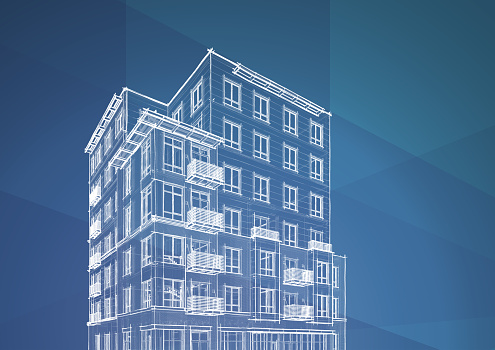 3D drawing of a building project on a blue background\n(note to inspector: i am the author of the project)