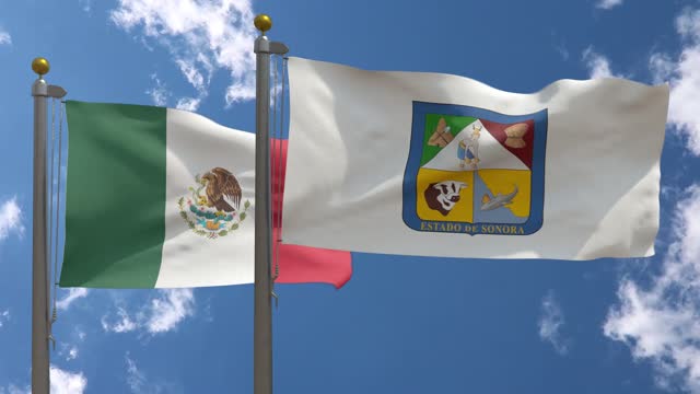 Mexico Flag with Sonora State Flag on a Pole, 3D Render, Two Flags