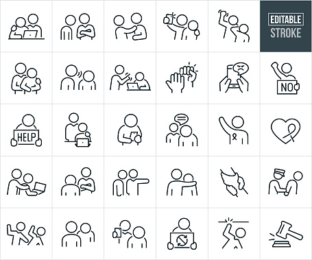 A set of workplace harassment icons that include editable strokes or outlines using the EPS vector file. The icons include a boss placing his hand on a co-workers shoulder as she works on her computer representing sexual harassment, co-worker with arms folded angry at fellow employee, woman pushing back on manager making physical advancements towards her, white collared worker taking selfie of co-worker against his will, worker physically abusing a co-worker by hitting him, manager sexually harassing another worker by touching and holding her against her will, employee verbally abusing co-worker, supervisor scolding co-worker at computer by shouting and pointing at him, hand gesturing stop to a fist of violence, abusive text messaging, worker holding a NO sign, employee holding a HELP sign, white collared worker sexually harassing fellow employee by placing his hand on her shoulder as she works on laptop, sad person looking down at phone receiving a hateful text, subordinate being verbally abused by manager, abuse awareness ribbon, manager making unwanted sexual advances by placing their hand on the back of subordinate working on laptop, manager angrily telling an employee to get out and that they are fired, person taking advantage of a co-worker by putting his arm around her shoulder, two hands clasped to represent saving from abuse, police officer arresting a person for abuse in the workplace, employee with arm raised in rage to strike a fellow employee, white collared worker breaking glass ceiling and a gavel striking plate for justice.
