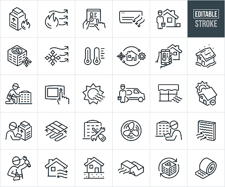 A set of heating and cooling icons that include editable strokes or outlines using the EPS vector file. The icons include a furnace, warm air flowing, cold air flowing, thermostat controlled via tablet PC, air conditioner, HVAC technician with toolbox at house, AC Unit, thermometer, house being heated and cooled, home temperature being controlled using home automation on smartphone, house covered in snow, HVAC repairman repairing air conditioner, hand adjusting thermostat, heatwave, HVAC worker standing next to service van holding toolbox, window with air escaping, HVAC technician performing a furnace tune-up, radiant heated flooring, air conditioner repair, fan, HVAC technician repairing air conditioner, furnace filter, HVAC repairman with tools, house with AC unit, geothermal energy heating, air duct and insulation.