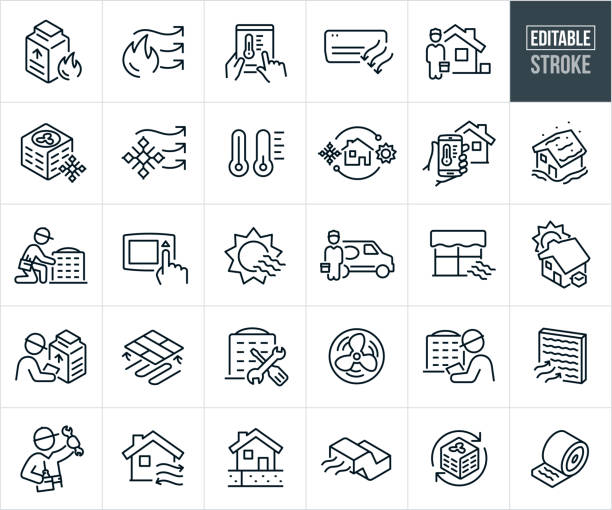 Heating and Cooling HVAC Thin Line Icons - Editable Stroke - Icons Include An Air Conditioner, Furnace, HVAC Technician, Repair, Service A set of heating and cooling icons that include editable strokes or outlines using the EPS vector file. The icons include a furnace, warm air flowing, cold air flowing, thermostat controlled via tablet PC, air conditioner, HVAC technician with toolbox at house, AC Unit, thermometer, house being heated and cooled, home temperature being controlled using home automation on smartphone, house covered in snow, HVAC repairman repairing air conditioner, hand adjusting thermostat, heatwave, HVAC worker standing next to service van holding toolbox, window with air escaping, HVAC technician performing a furnace tune-up, radiant heated flooring, air conditioner repair, fan, HVAC technician repairing air conditioner, furnace filter, HVAC repairman with tools, house with AC unit, geothermal energy heating, air duct and insulation. duct stock illustrations