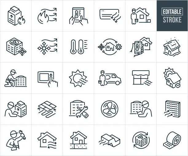 Vector illustration of Heating and Cooling HVAC Thin Line Icons - Editable Stroke - Icons Include An Air Conditioner, Furnace, HVAC Technician, Repair, Service