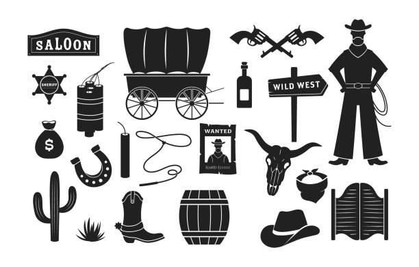 ilustrações de stock, clip art, desenhos animados e ícones de wild west silhouettes icon - cowboy hat wild west hat wood