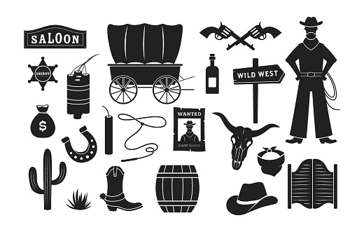 Wild West silhouettes icon. Vector set of black western Texas icons with cowboy, hat, wooden signboard, cactus, dynamite, gun, wanted poster, sheriff badge, cow skull, tequila, horseshoe.