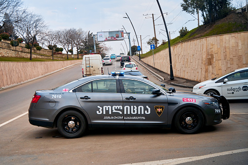 Modern car of the patrol police in Georgia. Tbilisi, Georgia - 03.16.2021