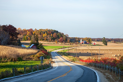 Curving road and farms in Wisconsin on a sunny autumn evening