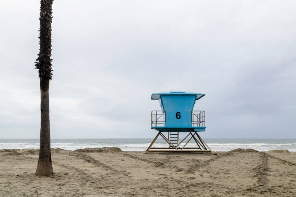 Blue lifeguard tower, Oceanside, California stock photo